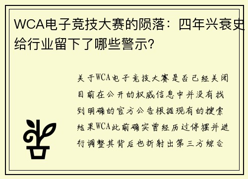 WCA电子竞技大赛的陨落：四年兴衰史给行业留下了哪些警示？